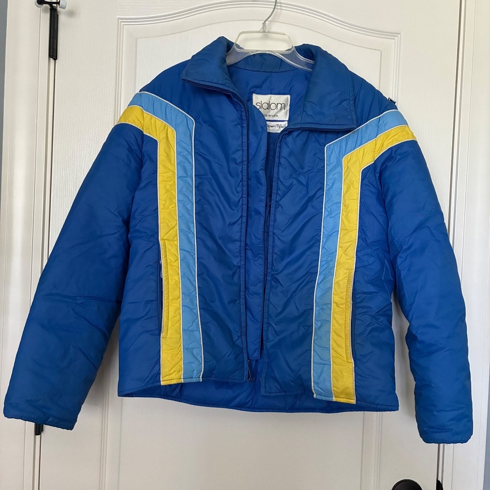 Vtg Slalom Puffer Jacket Mens M Blue Goose Down Ski Retro Colorblock‎ USA*READ